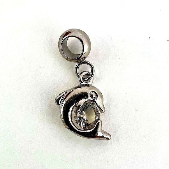 Dolphin Rhinestone Silver Charm - Picture 1 of 2